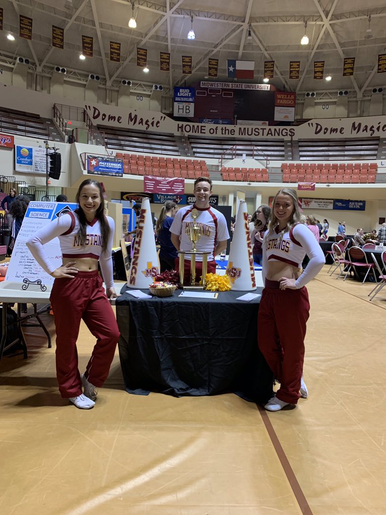 We are at our booth at the Mustangs Rally organization fair waiting to meet you! Stop by to get more info on how you can join the MSU Texas Cheer team! <a href="/MSUTexas/">Midwestern State University</a> #StangGang #MustangsRally