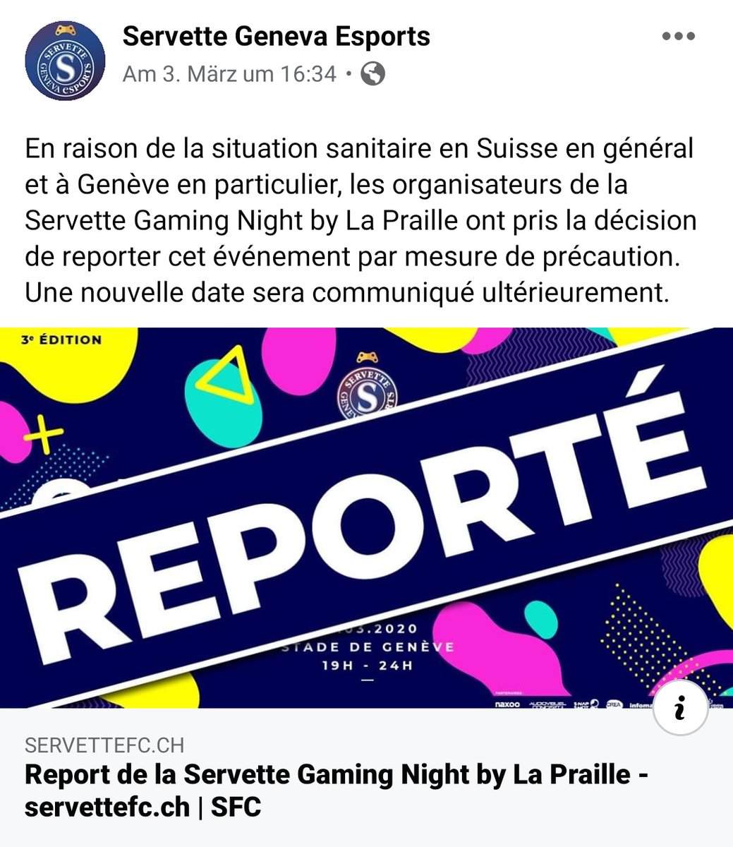It's very sad to see that the first #swissesports events have to be canceled/postponed due to #COVIDー19

I feel for you <a href="/ServetteEsports/">Servette Geneva Esports</a>, <a href="/polylan/">PolyLAN</a> &amp; <a href="/LanOdyssee/">ODYSSEE LAN</a> event crews 🥺😘