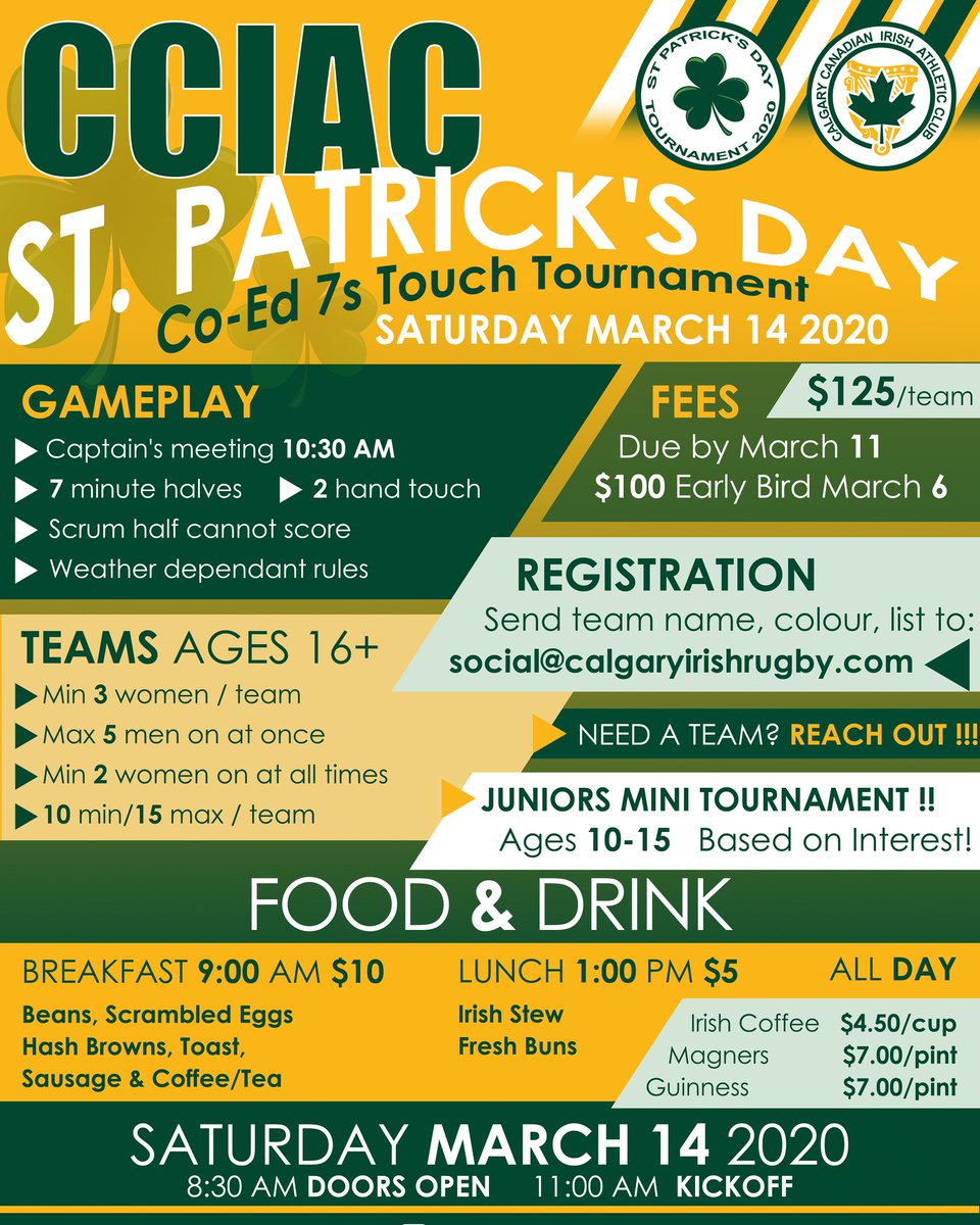 Calgary_Irish's tweet photo. ... If you're flying solo, we can hook you up with a squad!

Get  yourself and your teams sorted and submitted to social@calgaryirishrugby.com

Drop in for a Magners or some Irish Stew, should be a great day! ☘️☘️☘️ #bleedgreen #CCIAC2020 https://t.co/hD00kOfYg1