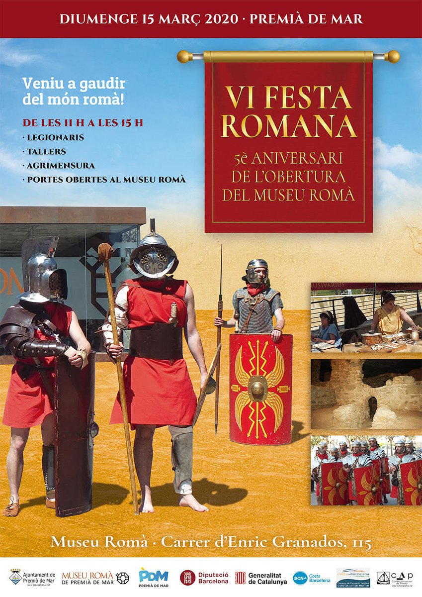 BarcinoOriens's tweet photo. VI Festa Romana i 5è Aniversari del Museu Romà de #PremiàDeMar a #CanFerrerons  amb Recreació, Reconstrucció i Divulgació del Patrimoni i de la Història de l’antiga Roma. Diumenge 15 Març 11-15h.  
Organitza: Ajuntament de Premià de Mar
#Patrimoni #CulturaClàssica #Vil·laRomana https://t.co/S51L72lf2P