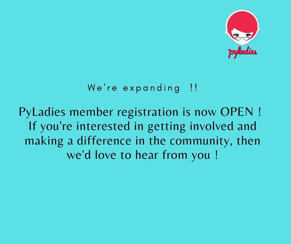 We're expanding! PyLadies member registration is now OPEN ! If you're interested in getting involved and making a difference in the community, then we’d love to hear from you ! bit.ly/PyLadiesMember…