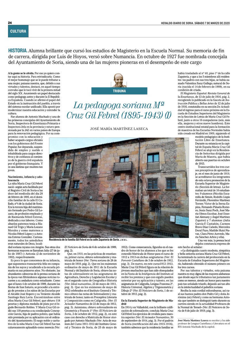 iesmachado's tweet image. #JMML nos acerca la figura de la pedagoga soriana Mª Cruz Gil Febrel: infancia, adolescencia y estudio. #8Machado