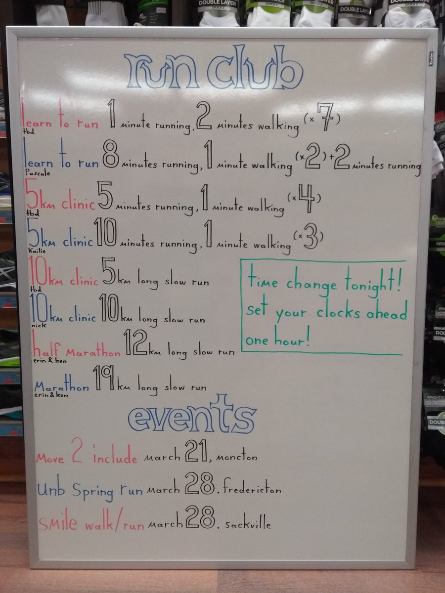 Run Club details for Sunday March 8th at 8:30am. Set your clocks ahead an hour before you go to bed so you don't miss us! #Fredericton #runwithrr