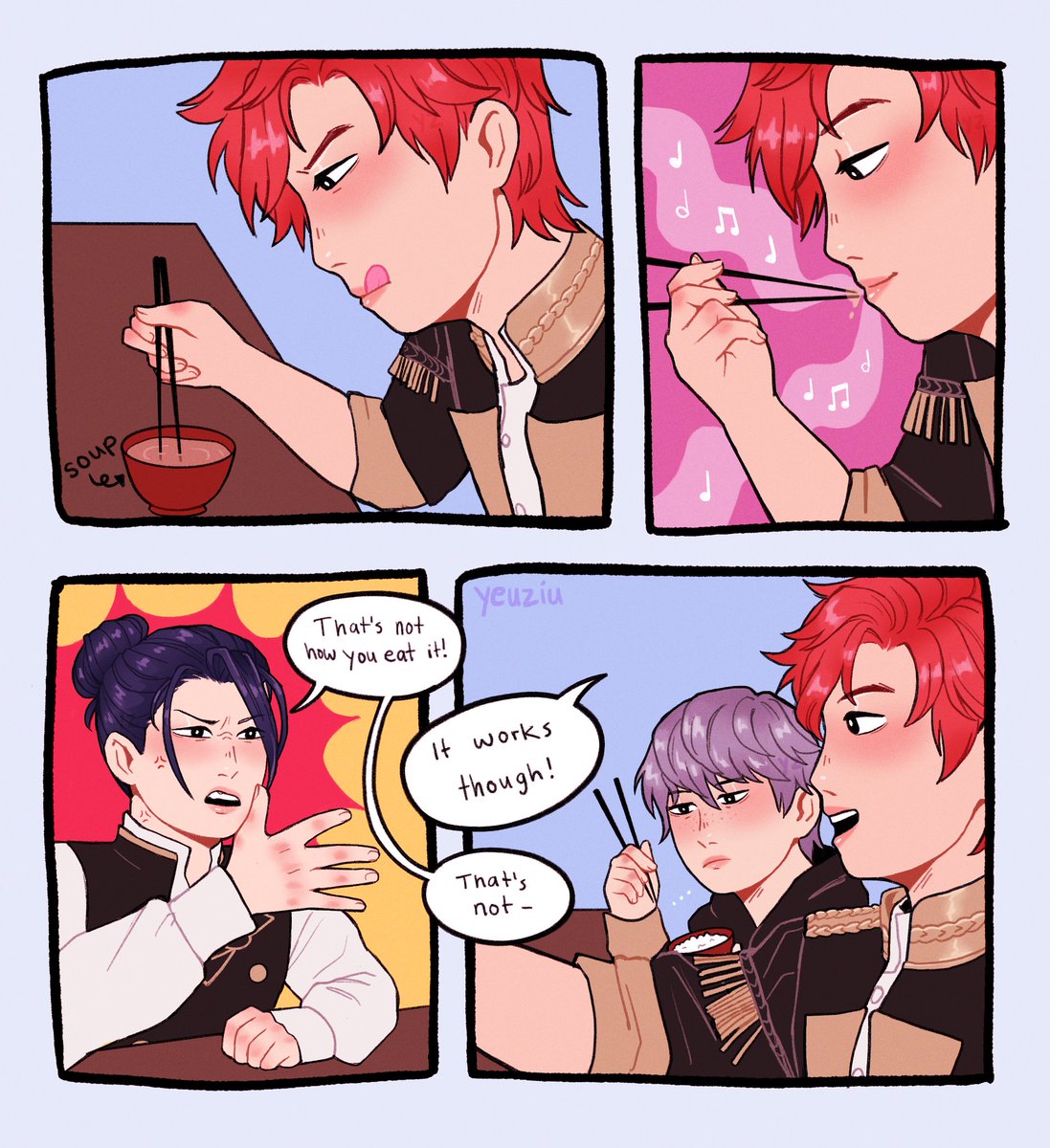 Sylvain drinks soup with chopsticks just to make Felix mad
#FE3H #FireEmblemThreeHouses 