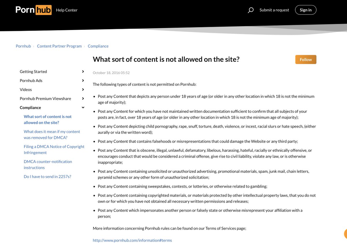 ⚠️ TRIGGER WARNING ⚠️

This is a screenshot of Pornhub's help center, which describes which "types of content is not permitted on Pornhub."

Shall we take a look?