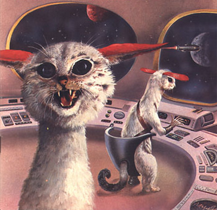 Space Cat Saturday returns with Johnny Bruck's cover art for the 1106th installment in the long-running German sci-fi series Perry Rhodan. Yes, the cat aliens have little tail holes in their chairs.