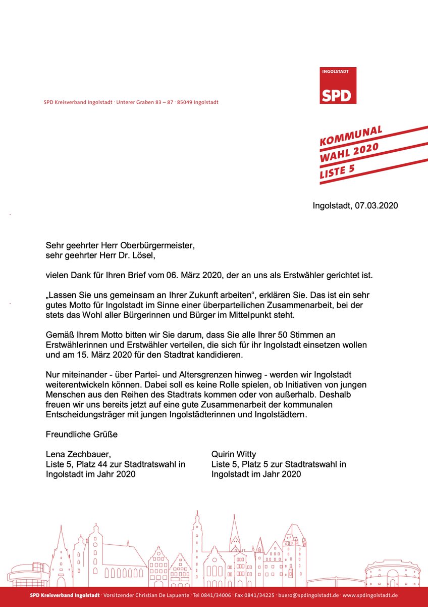 "Sehr geehrter Herr Oberbürgermeister <a href="/ChLoesel/">Christian Lösel</a>, sehr geehrte <a href="/csu_ingolstadt/">CSU Kreisverband ING</a> , vielen Dank für Ihren Brief vom 6.03.2020..." - hier ist unsere Antwort.

#erstwähler #spd #kommunalwahl2020 #ingolstadt