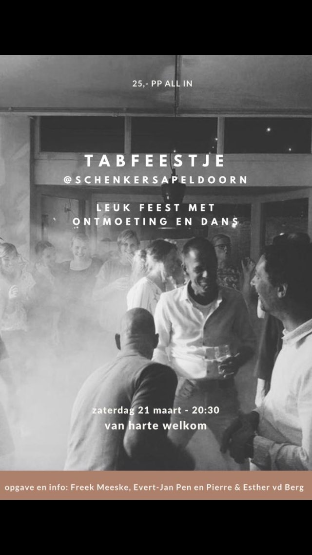 Over 2 weken: het Tabernakelkerkfeestje at Schenkers! Ook brs en zrs uit andere Apeldoornse kerken zijn welkom, €25 all incl. Kaartjes en meer info via tabernakelkerk.nl/2020/01/21-mrt… of via een PB <a href="/ejhpen/">Evert-Jan Pen</a> <a href="/EstherFalkena/">Esther van den Berg</a>