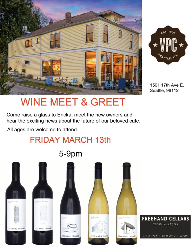 We’ll be pouring wine and introducing the new owners of the Volunteer Park Cafe in Seattle on Friday, March 13th.
All ages are welcome. Stop by, taste our wines and say hi!
#FreehandCellars
#Wine 
#winetasting