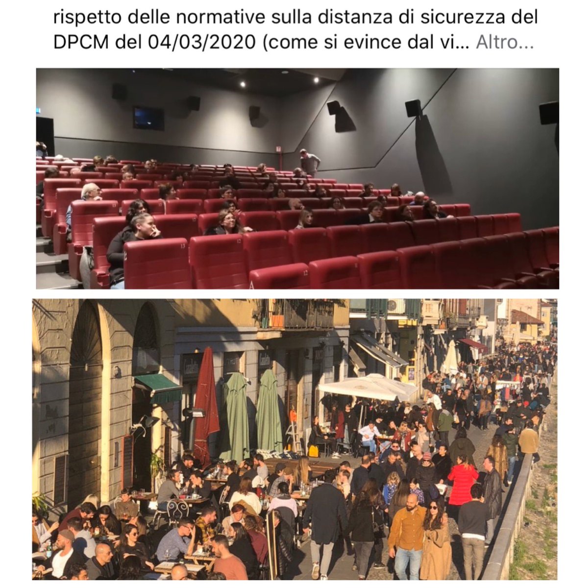 Italia oggi. 
Un cinema (disciplinato a norma di legge) Vs. l’irrinunciabile momento dell’aperitivo. #coronavirusitalia
