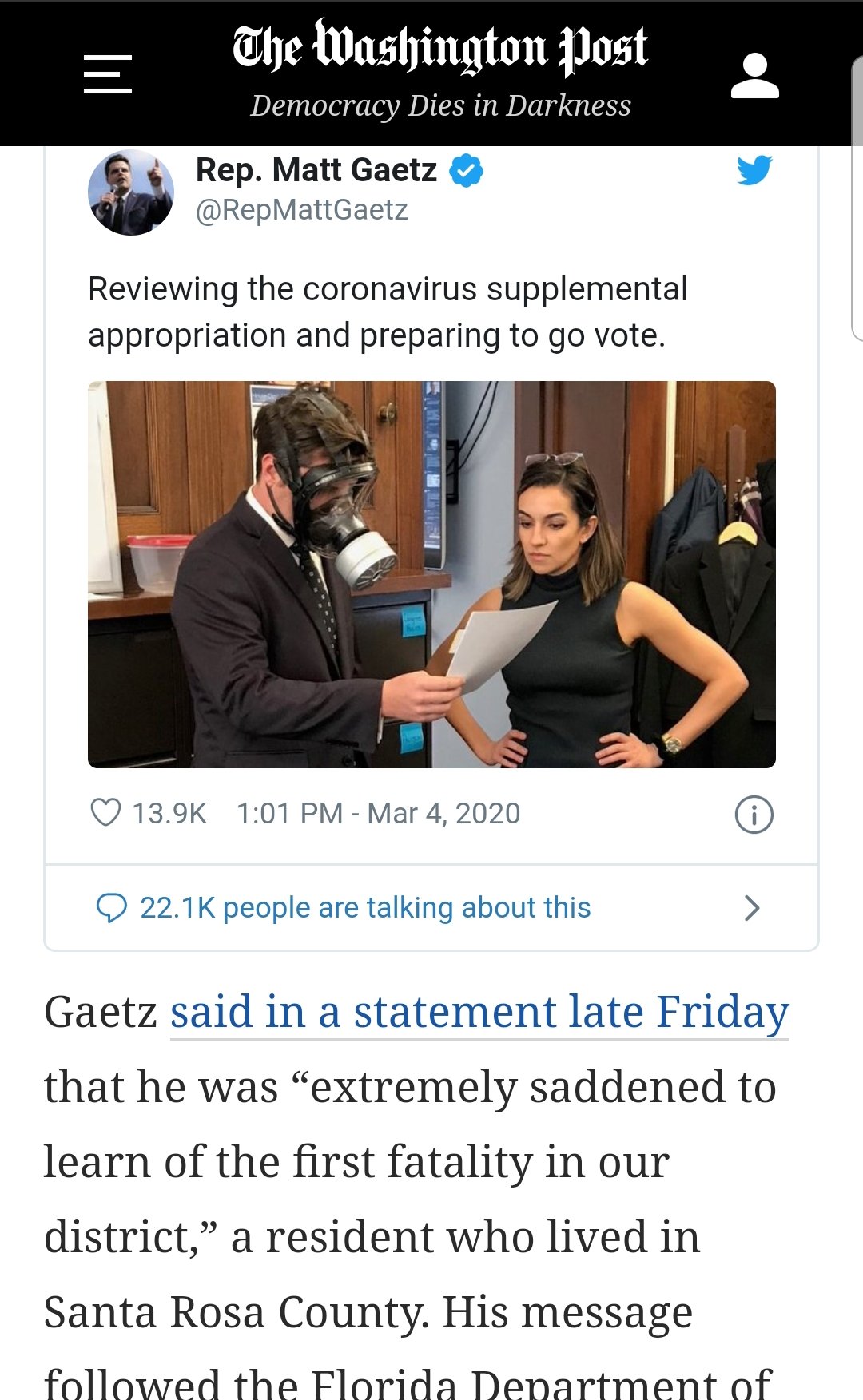 Image result for Matt Gaetz Wore Gas Mask