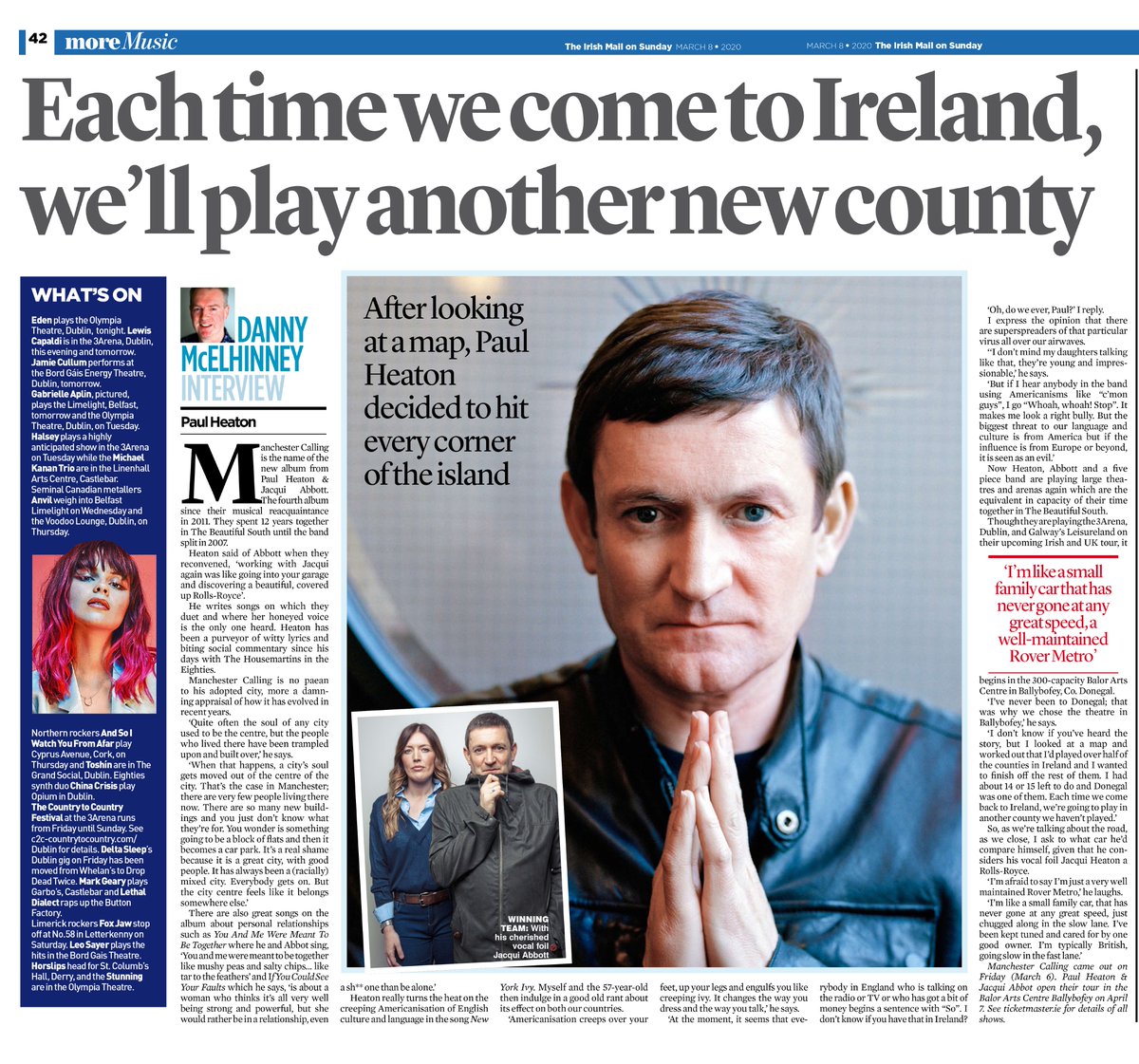 DannyMcElhinney's tweet photo. My interview in @IrishMailSunday with Paul Heaton. @PaulHeatonSolo Shout outs in What's On to gigs this coming week by @iameden, @jamiecullum @LewisCapaldi @GabrielleAplin @halsey @Anvil @ASIWYFA_BAND @THorslips @lethal_dialect @TheStunningBand @deltasleep https://t.co/xHwtKLilY1