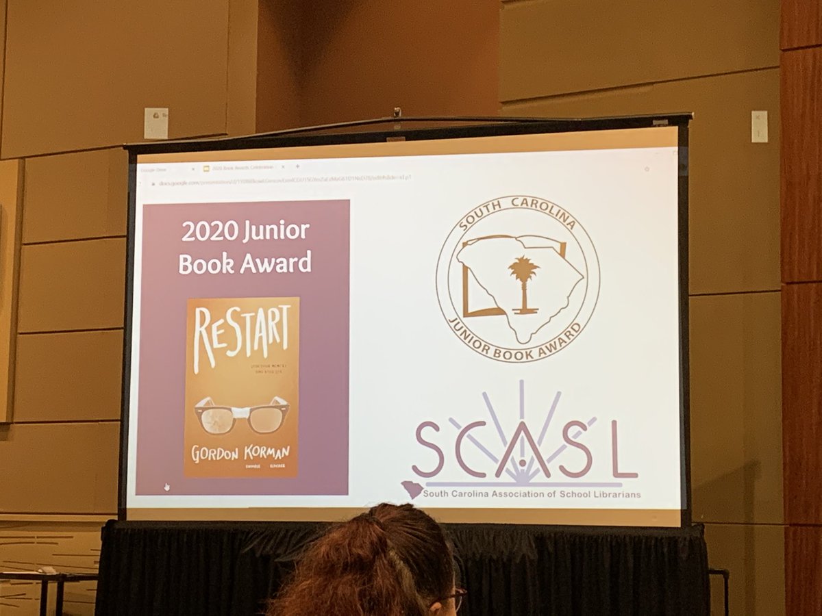 TeachrLibrarian's tweet photo. Bittersweet last day as the SCJBA book awards chair. I have served the last 3 yrs with the most amazing librarians, teachers & students...& today I was honored to present our 2020-21 nominees, see an amazing student present the ‘19 winner & see Restart win the ‘20 #scasl2020 https://t.co/8D2Rp1qAxg