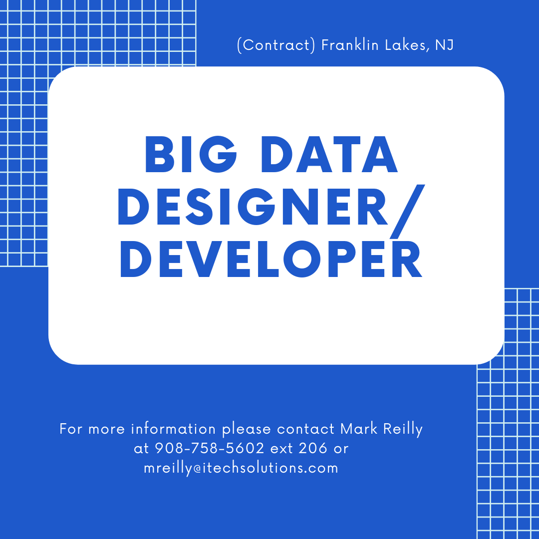 iTechSolutions_'s tweet image. We are looking for a Big Data Designer/Developer for a Contract position in Franklin Lakes, NJ

Apply Here: bit.ly/2PJCt76

#BigData #BigDataJobs