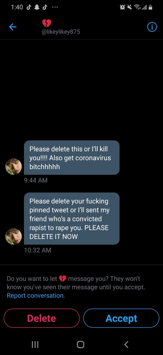 @/likeylikey875 for sending threats and generally being gross. (They did not send this to me, but to an ARMYs)