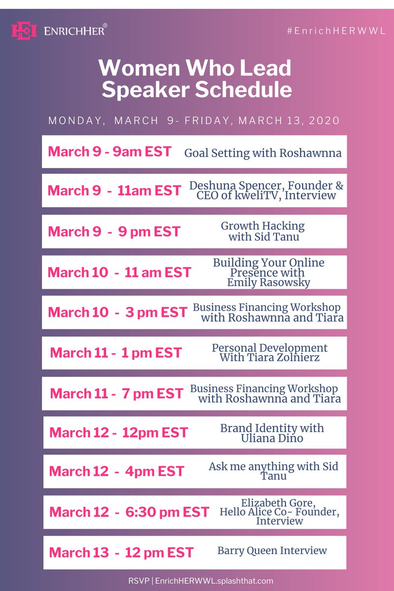 iEnrichHER's tweet photo. Here's the Week 2 schedule of our Women Who Lead Digital Conference. 

This week's speakers include:
@DeShuna Founder/CEO of @kweliTV
@ERasowsky Founder @WITCampaign 
@ElizabethGore Chairwoman/Prez of @HelloAlice
 
Register today so you don't miss out https://t.co/QI5s70ggdO https://t.co/Vj2o0RiZ7W