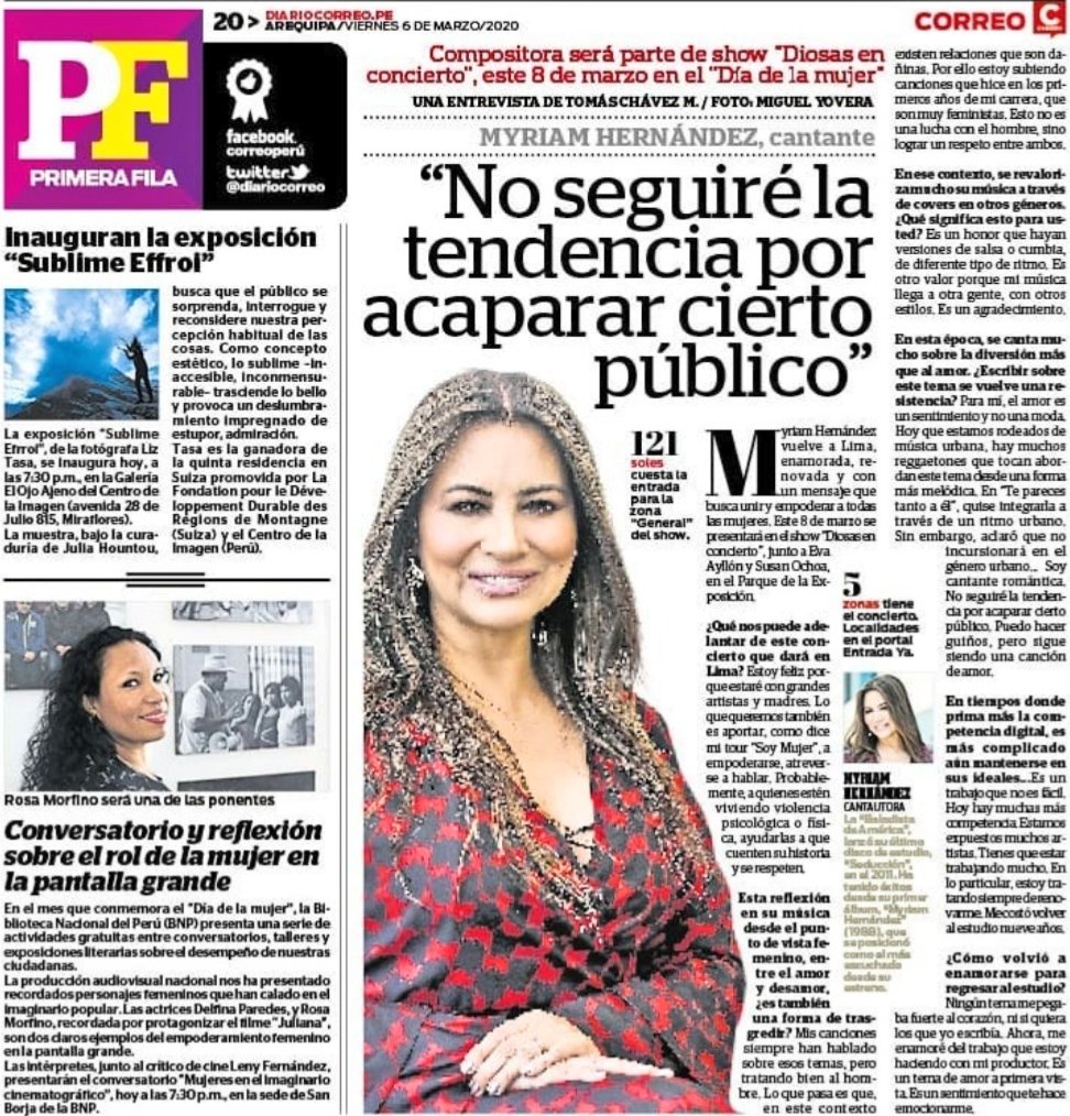 ChefAmyrianado's tweet photo. ENTREVISTA 🎙

Nuestra artista @MyriamHN recibió a la prensa del espectáculo:

 @diariocorreo  #PrimeraFila 

"No seguiré la tendencia por acaparar cierto público. 

Entradas aquí 👉 @EntradaYa_ 

Veanlo aqui 👉 https://t.co/8TepOb9DIp https://t.co/T10DJmVH6U