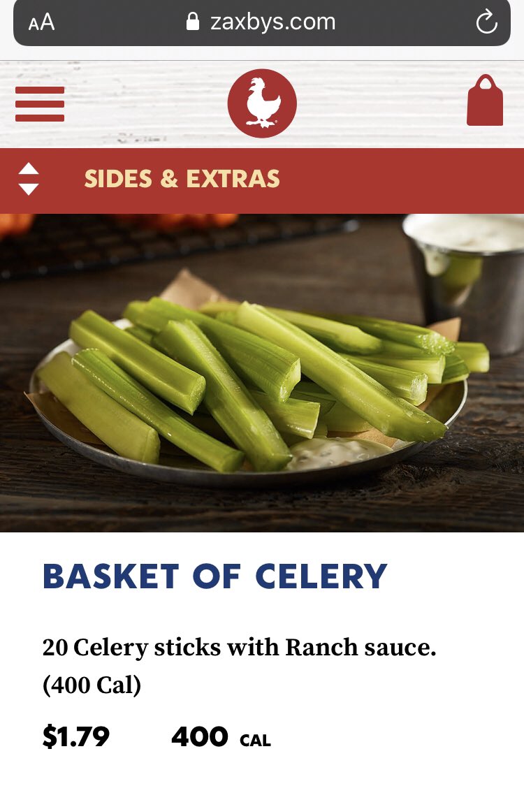 TerryComedy's tweet image. Hey @Zaxbys, I gotta know. How tf did you make a basket of celery have 400 calories?