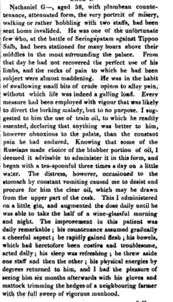 2. Older Research: 1845: Case study of man with rheumatoid arthritis who tried cod liver oil (train oil). Went from taking opium daily just to handle pain to "trimming hedges... with full sweep of vigorous manhood." https://www.ncbi.nlm.nih.gov/pmc/articles/PMC2559345/?page=1