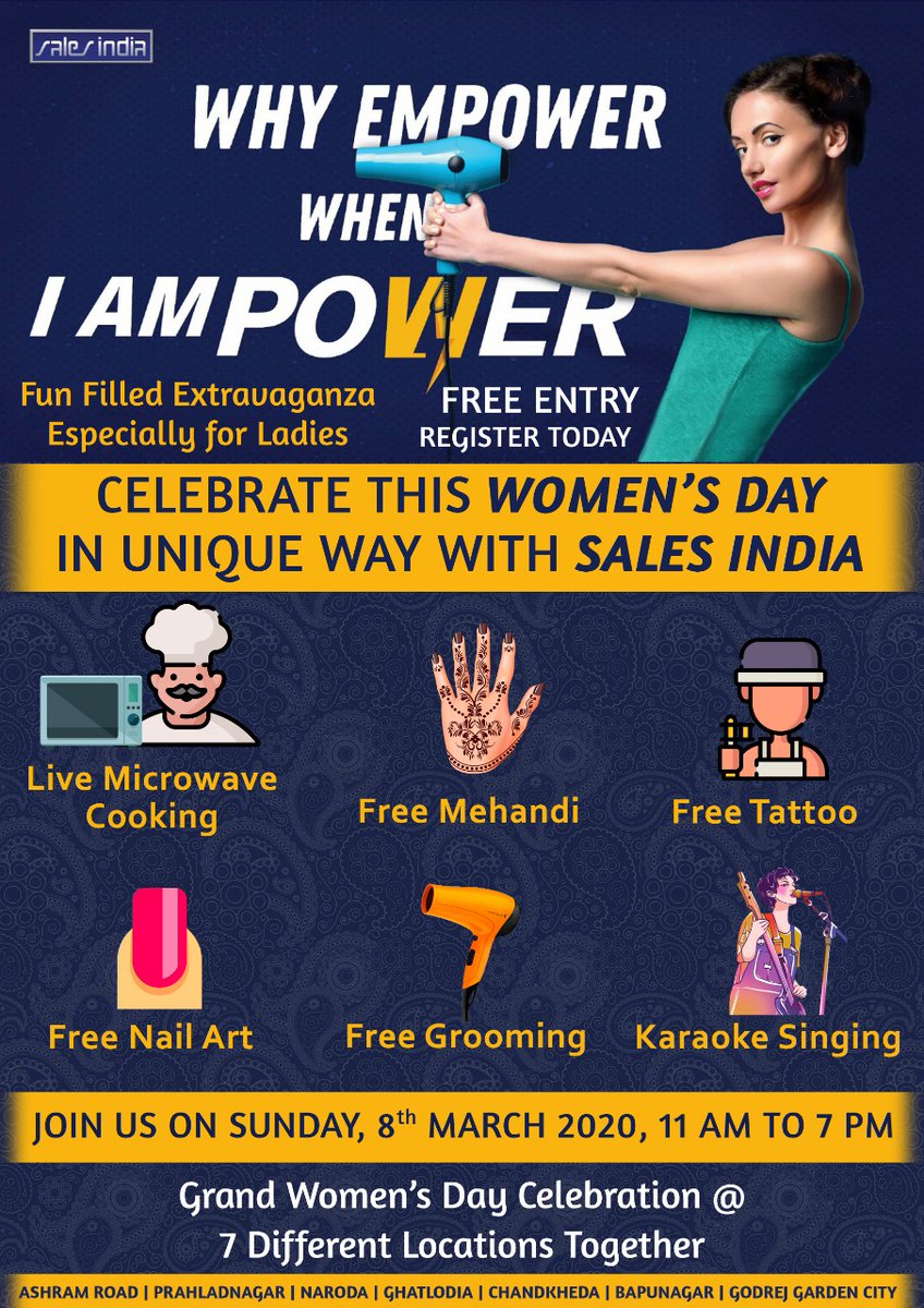 Salesindia09's tweet photo. Sales India Wishes All Ladies a Very Happy Women's Day !! Come Join Us for Grand Celebration @ Sales India.

Free Activities Especially for Ladies like free mehandi, free tattoo, free hair grooming, free nail art and many more ... https://t.co/HQs8gw3GNg