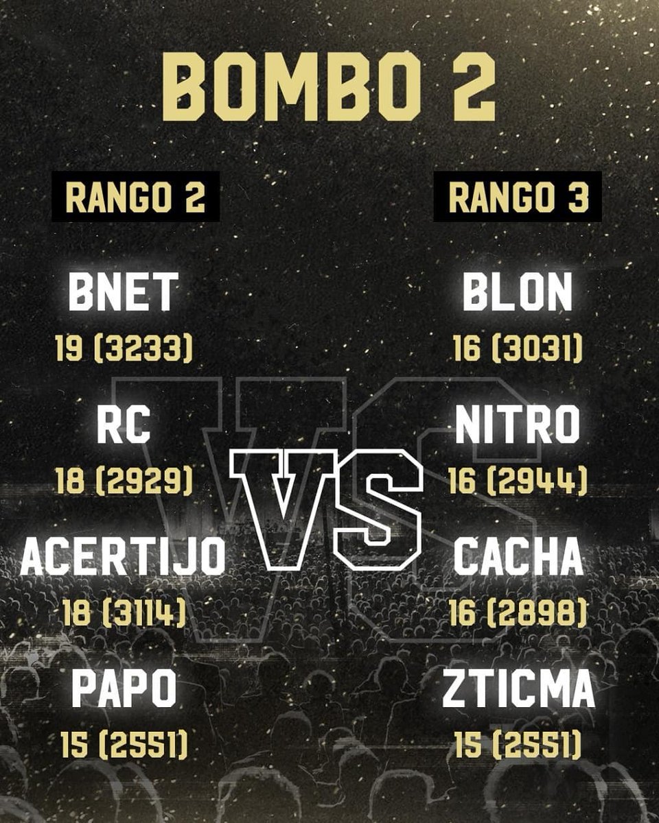 ¡Formato de Sorteo! - FMS Internacional 🌎

De esta manera de realizará el sorteo de enfrentamientos de FMS Internacional, es decir:

- Bombo 1: Rango 1 vs Rango 4
- Bombo 2: Rango 2 vs Rango 3

Recuerden que las imágenes no son los cruces, es el formato.

#FMSInternacional 🏆