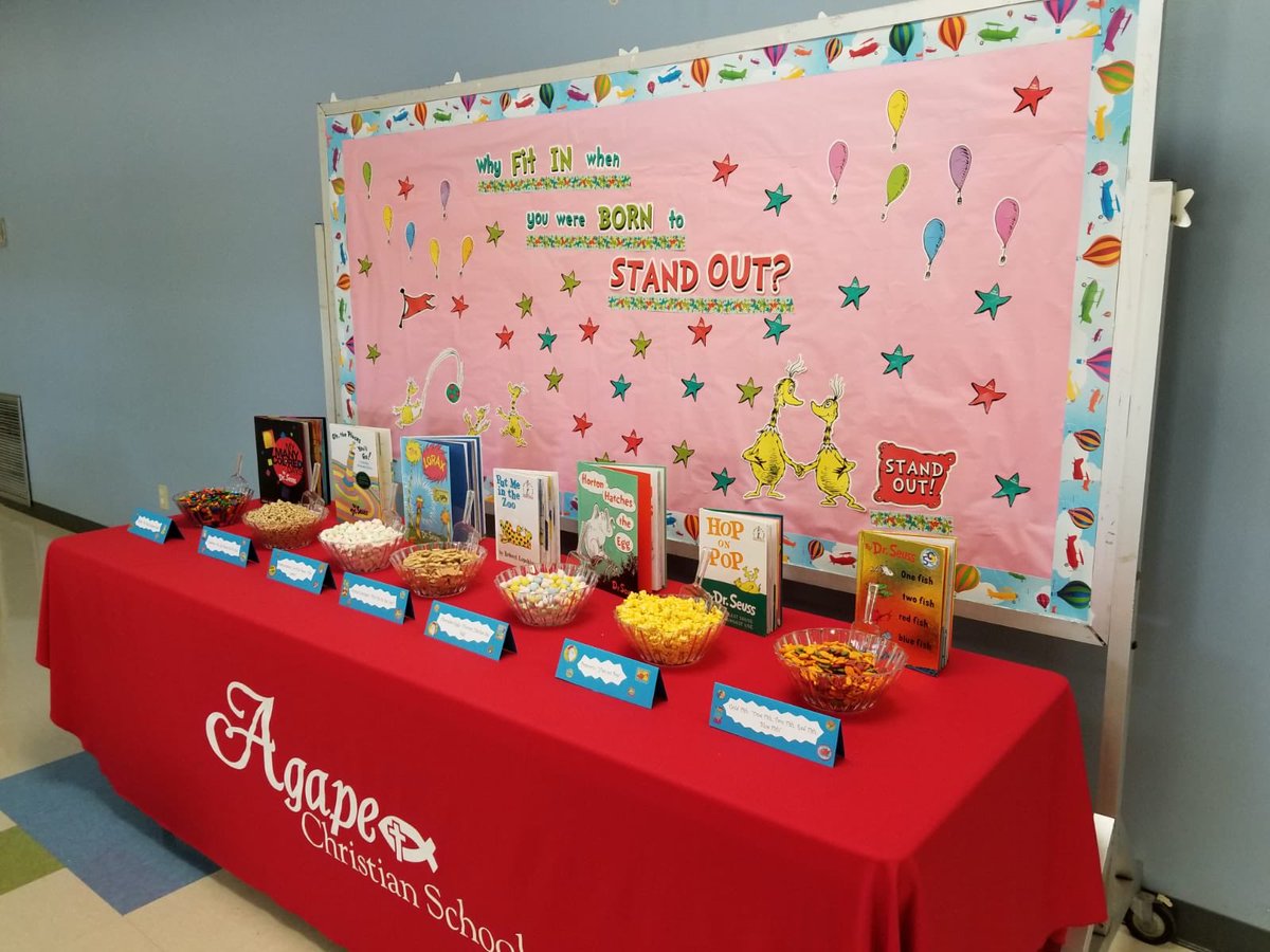 SchoolAgape's tweet photo. Thank you to our awesome ACS Parent Committee for providing our Stallions with a delicious snack bar. Each Dr. Seuss book was celebrated with a different yummy treat! Our ACS Stallions’ beautiful smiles say it all! Thank you parents! #agapechristianschoolmissiontx #missiontx #rgv https://t.co/Kiiv98poSm