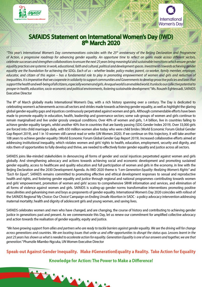 "An equal world is an enabled world" <a href="/SAfAIDS/">SAfAIDS</a> Executive Director <a href="/Rouzeh/">Rouzeh Eghtessadi (She/Her)</a> statement on #InternationalWomensDay . See full statement below #genderequality #IWD2020 #EachforEqual 

<a href="/SwedeninZM/">Sweden in Zambia 🇸🇪</a> <a href="/SEswatini/">SAfAIDS Eswatini Country Office</a>  <a href="/SAFAIDSzambia/">SAfAIDS Zambia Country Office</a>  <a href="/chrispinchomba/">Chrispin Chomba</a>
