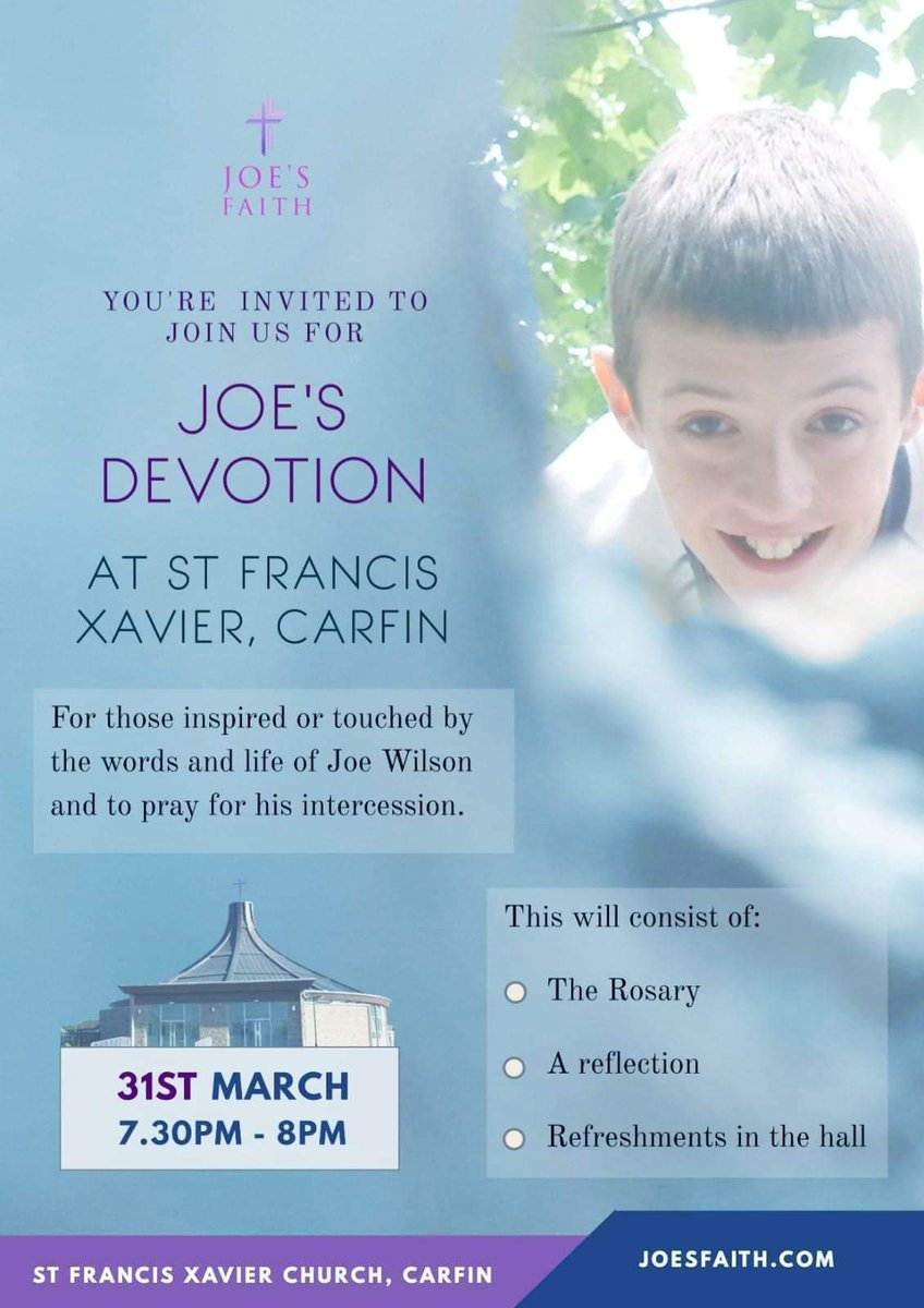 The next devotional event for Joe will take place on 31st March at 730pm in St Francis Xavier Carfin.

All are welcome along to pray for Joe's intercession and join us in the hall afterwards for some refreshments!

Event details here :
 facebook.com/events/s/joes-…