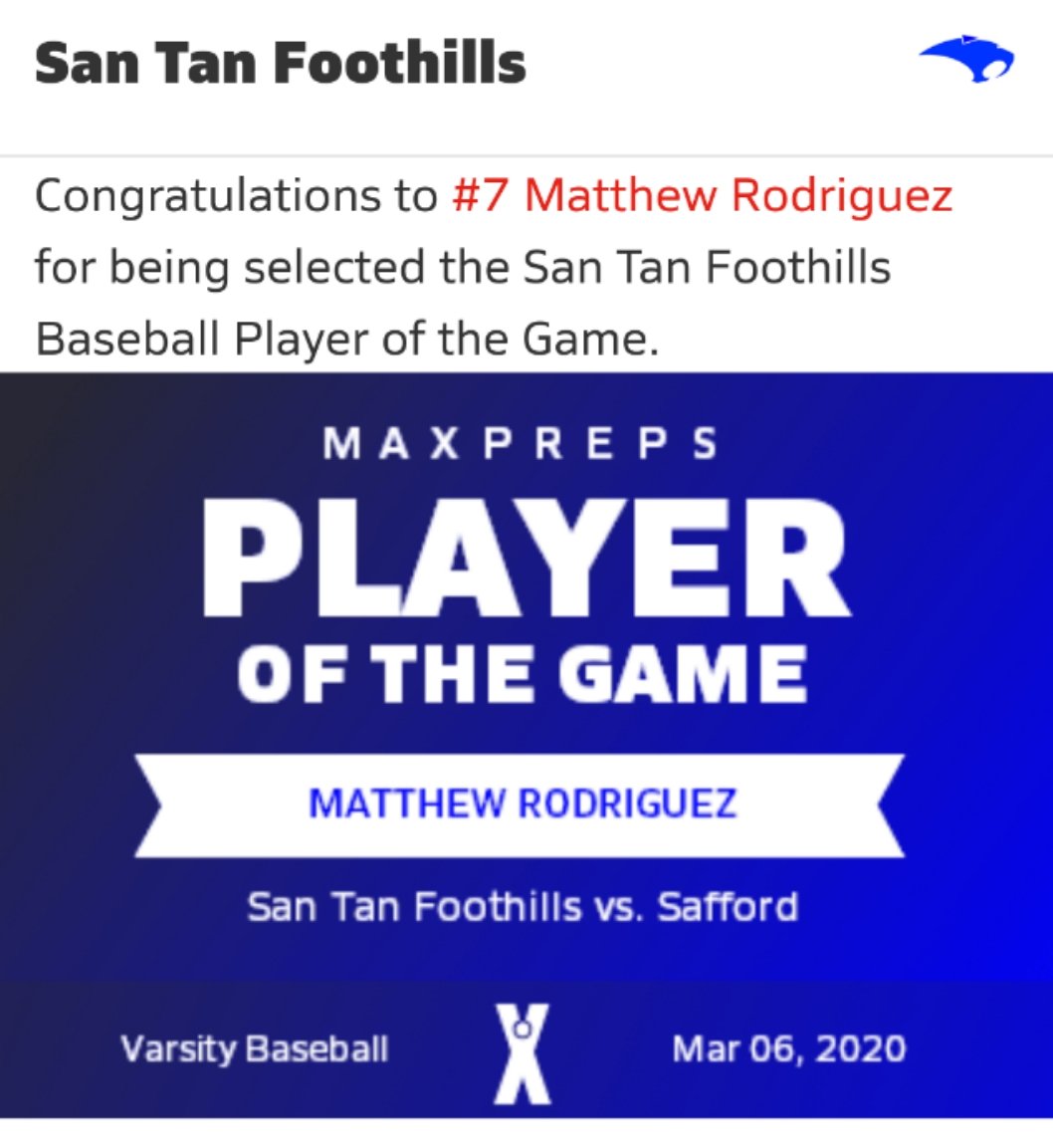 STFHSBaseball's tweet photo. Congratulations Matthew on be selected player of the game.
#STFHS #Sabercats #SabercatsBaseball #SabercatPride #GoSabercats #GoCats #TeamDylan
@STFHS_Athletics @STFHighSchool @AZSPORTSNETWORK @CountyLinePreps @CountyLineSky @PinalCentral https://t.co/WLXxCgCExu