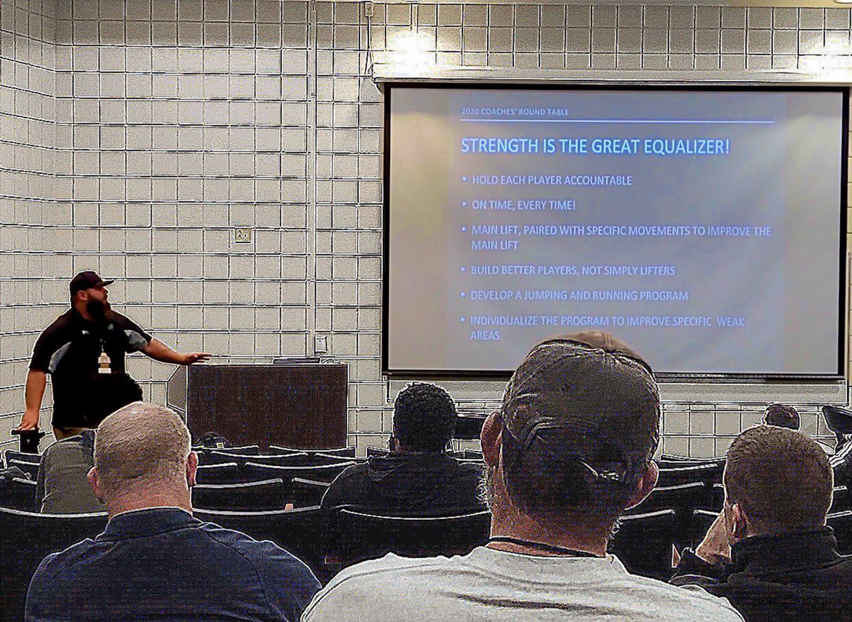 WhiteOakVikings's tweet photo. The Green &amp; Gold Vikings visit the Green &amp; Gold Monarchs at Methodist’s 2020 Jim Sypult Coaches’ Roundtable.  Coach Byrd’s session... “Strength is the Great Equalizer.” 💚💛🏋🏼 https://t.co/bZG9lMjhY1