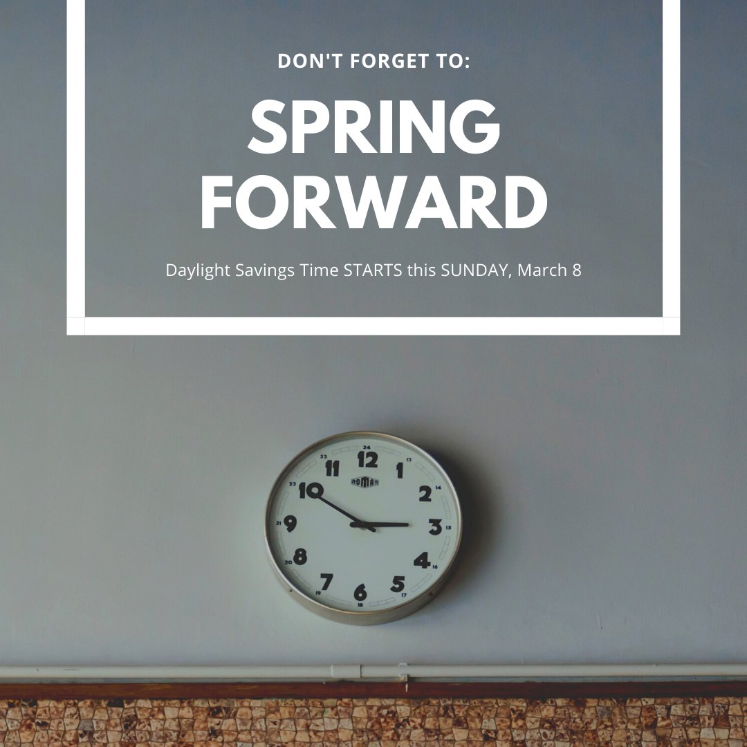 mvpumc's tweet photo. DAYLIGHT SAVINGS TIME is HERE!

Don't forget to set your clocks 1 hour ahead and Spring Forward.

See you in Worship TOMORROW at 11:00am Eastern Daylight Time #MeetMeAtMVP https://t.co/3Gtl5OqDvj