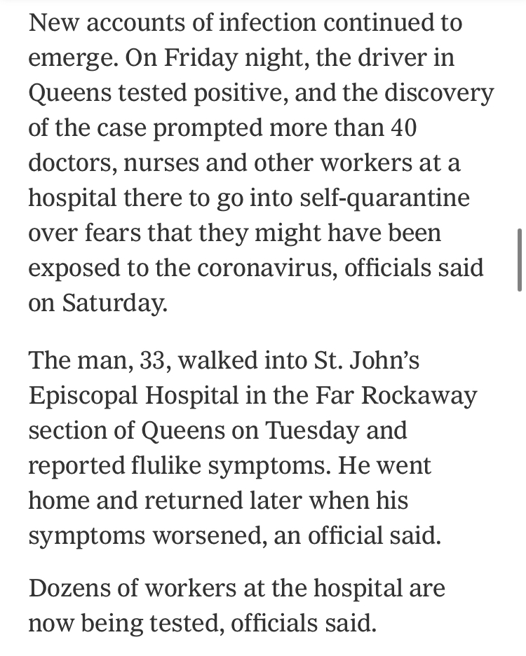 BrendanNyhan's tweet image. How are we going to keep hospitals open if one person walking into a hospital puts 40+ health care workers into self-quarantine? nytimes.com/2020/03/07/nyr…