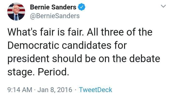Uber_guy603's tweet photo. @BernieSanders Are you still pushing for what is fair? Or have you given up on that? #LetTulsiDebate https://t.co/6vIGx8ipGS