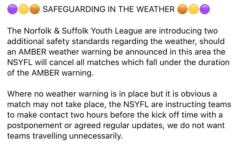 🟣🟡🟠 SAFEGUARDING IN THE WEATHER 🟠🟡🟣

Please Retweet

<a href="/NorfolkCountyFA/">Norfolk County FA</a> <a href="/SuffolkFA/">Suffolk Football Association</a> <a href="/FA/">The FA</a>