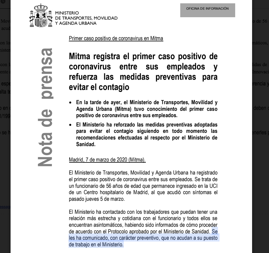 Primer caso de coronavirus en Fomento, está en la UCI. Los trabajadores no irán al Ministerio