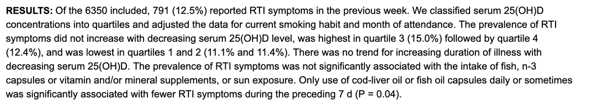 Again in Norwegians, only use of cod liver oil was associated with lower numbers of cold/flu symptoms. Neither sun exposure nor vitamin D levels were linked. This suggests cod liver oil is more than just the vitamin D. https://www.ncbi.nlm.nih.gov/pubmed/23659381&nbsp;