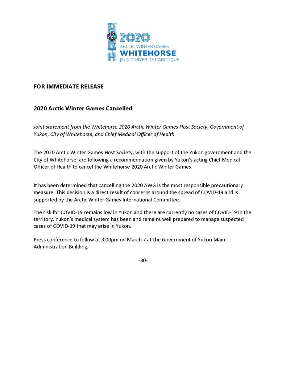 Following a recommendation from the Chief Medical Officer of Health, the Whitehorse 2020 Arctic Winter Games have been cancelled.

Official statement below. More details to come.