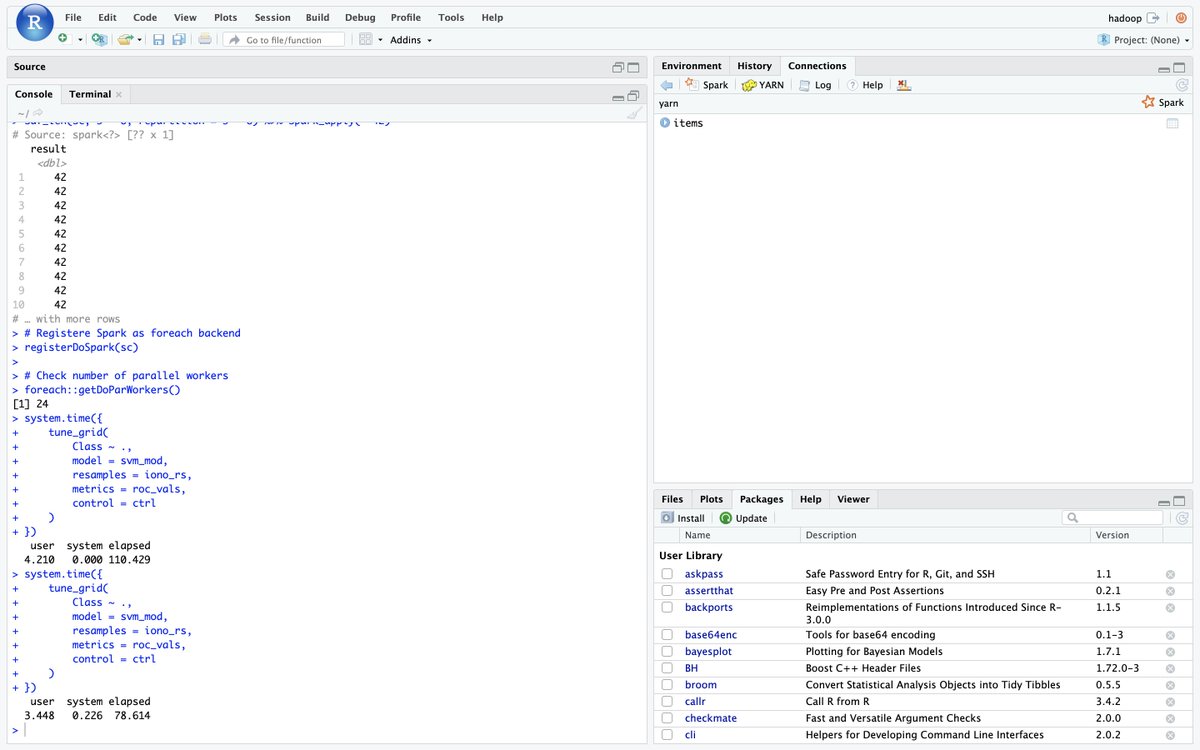 javierluraschi's tweet image. In today&apos;s #mlverse 📽️, learn how to 🚀 speed up hyper-parameter tuning in @ApacheSpark and #rstats using @topepos&apos; {tune} 📦 and a new #sparklyr feature by Yitao Li, which enables registering Spark as a backend to the {foreach} 📦! -- youtube.com/watch?v=1uGL5Y…