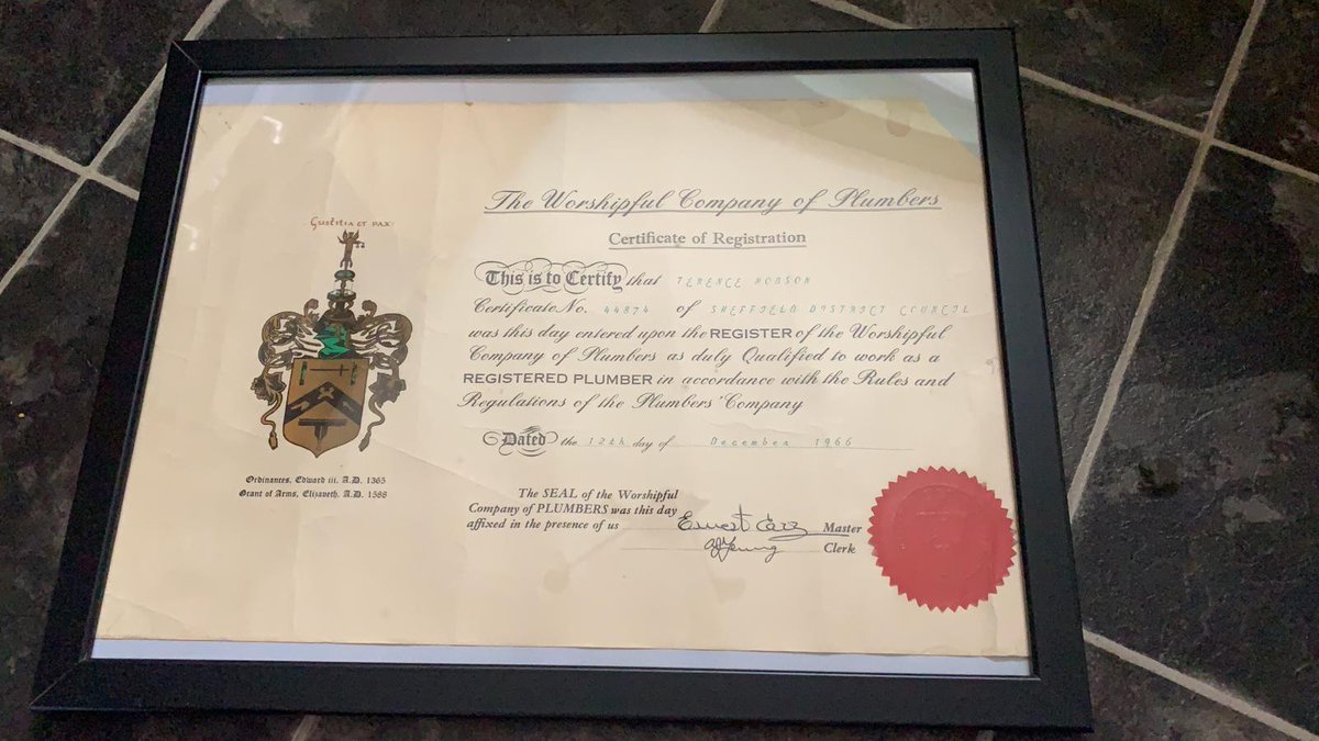 So proud to have my late granddad's registration certificate on our office wall #plumber #sheffield #family