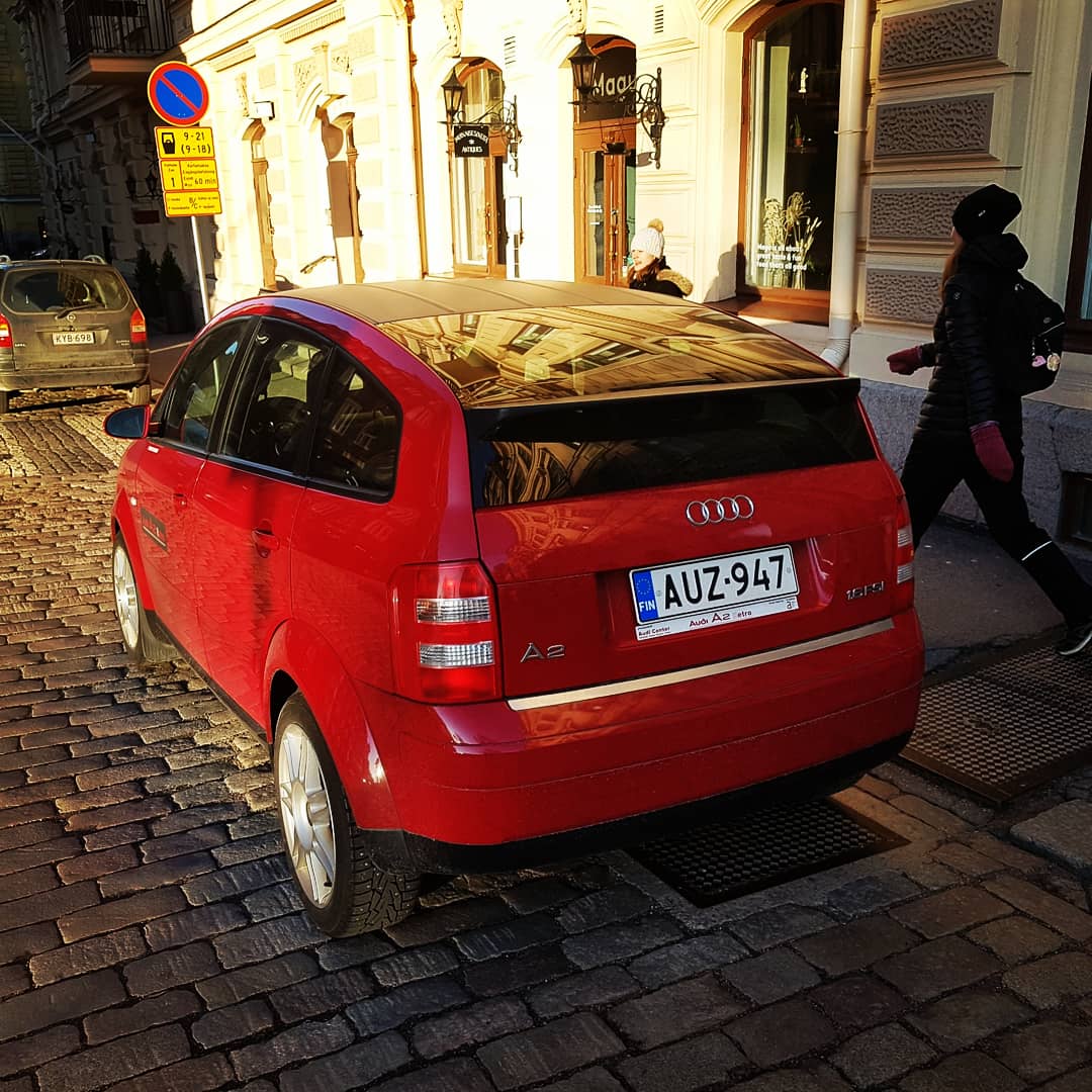 LT_Wilkinson's tweet photo. Ultra lightweight @Audi A2 "Retro" Track Edition spotted in Finland. You saw it here first. #FakeCarbonFibre https://t.co/3rHRmtiXmp