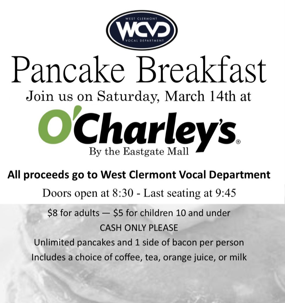 We need our WC family to support our WC Vocal students! Come &amp; have breakfast with us. We get to keep 100% of the profits to help support our program needs! Thank you to our boosters for helping!