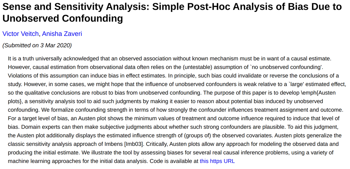 victorveitch's tweet photo. The presence of unobserved confounders can bias estimation of causal effects. But, if unobserved confounding is 'weak' then we might hope bias is small. Austen plots aid such judgements by visualizing sensitivity to unobserved confounding.
w @anishazaveri 
https://t.co/sJFD7LFu3u https://t.co/S5UM1Ogvr6