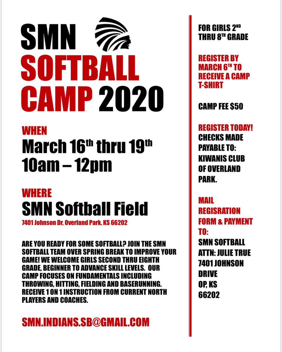 Have you signed up for the 2020 SMN Softball Spring Break Camp? Visit bit.ly/39Bef6U to register and please help us spread the word! #smnsoftball @SMNindians <a href="/SMNorthBooster/">SMN Booster Club</a> <a href="/SMNorthPTSA/">SM North PTSA</a>