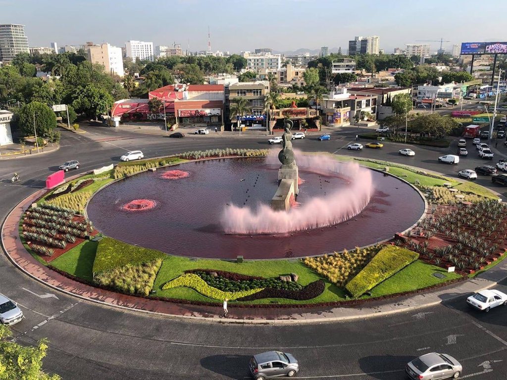 MARCH 7, 2020 — GUADALAJARA, JALISCOLa Minerva (Athena), cultural landmark, was painted with red water. Symbolizing the blood of the murdered. 230 women have been murdered since september 2019 in Guadalajara and only 36 cases have been reported as femicides.
