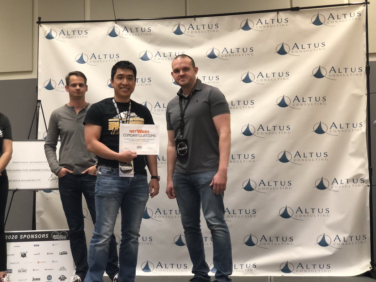 BSides_NoVA's tweet photo. The first, second, and third place winners of our #BSidesNoVA beginner CTF! https://t.co/AW4K0sCXwz