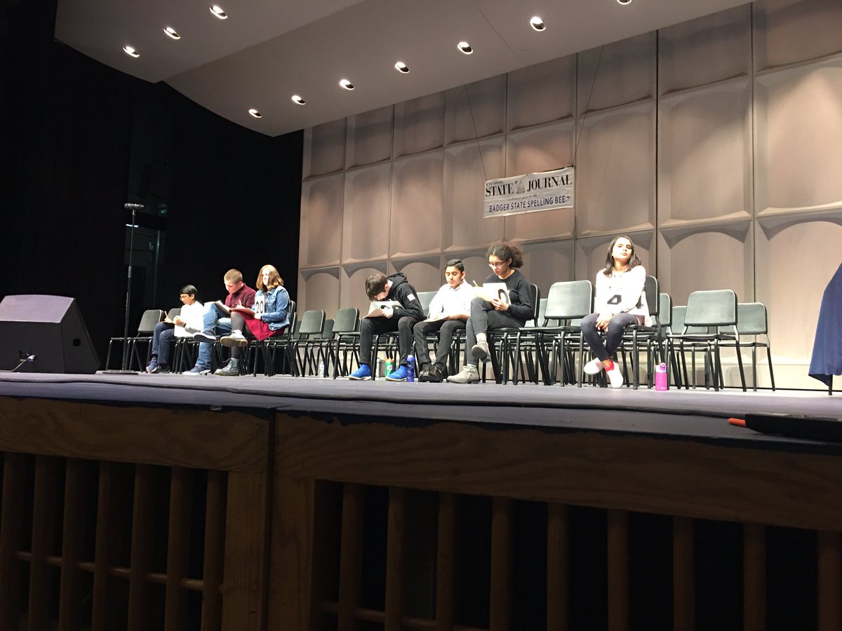 StateBee's tweet photo. Six of the top seven in the @WiStateJournal Badger State Spelling Bee vie for 2nd and 3rd place with a written tiebreaker test from @ScrippsBee  The bee’s 1st place winner, Maya Jadhav of Eagle School, is at right. https://t.co/QmRkdBZaZ4