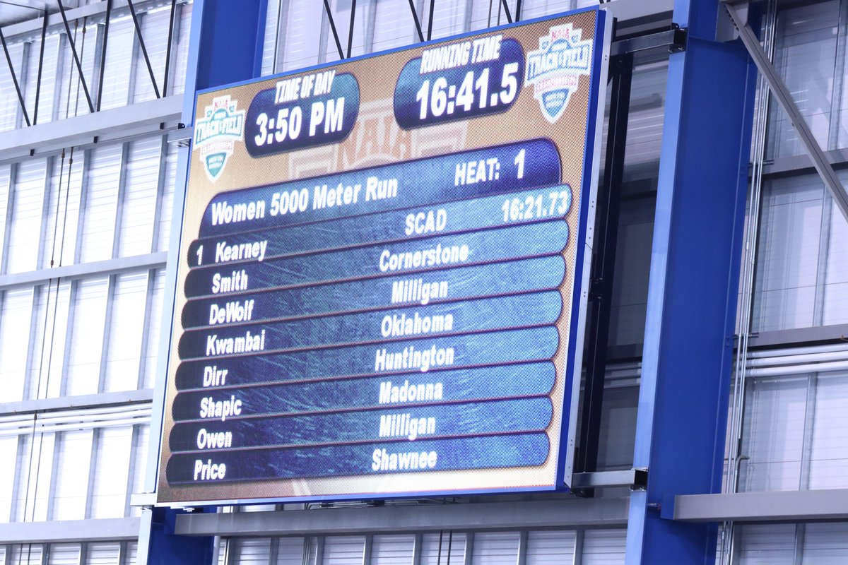 NAIA's tweet photo. Emily Kearney @SCAD_SavSports wins her second title of the 2020 championships, 4th overall for her career, winning the 5K, 16:21, just off her record set in Friday's prelim. #NAIATrack #PlayNAIA https://t.co/QngRLVIJRp