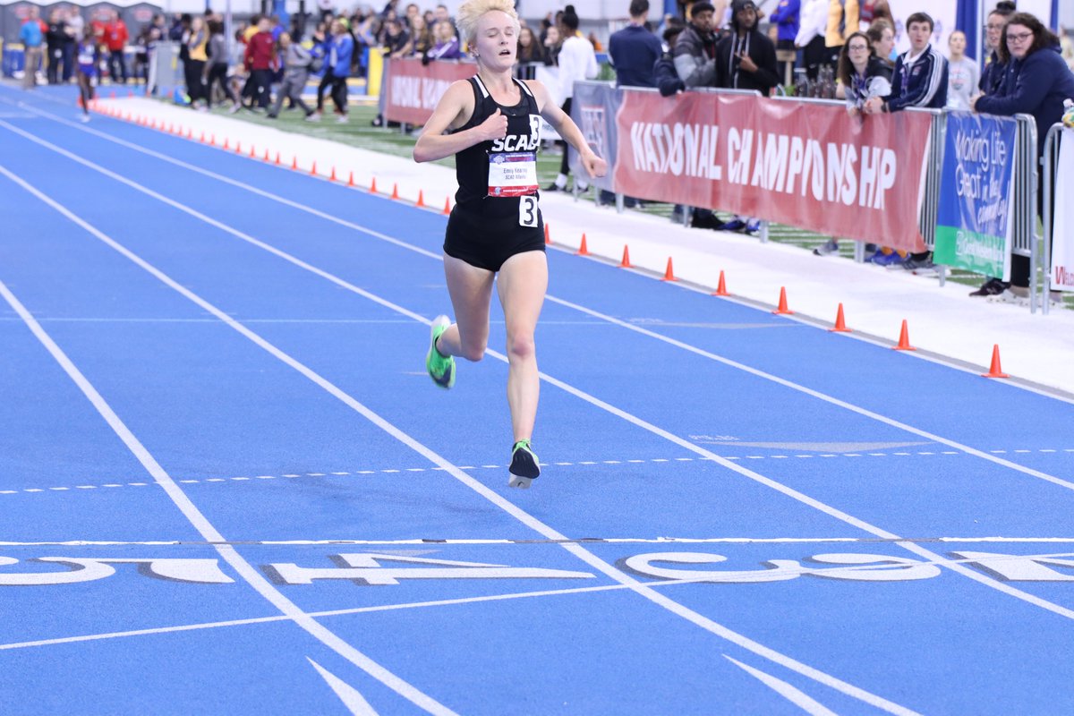 NAIA's tweet photo. Emily Kearney @SCAD_SavSports wins her second title of the 2020 championships, 4th overall for her career, winning the 5K, 16:21, just off her record set in Friday's prelim. #NAIATrack #PlayNAIA https://t.co/QngRLVIJRp
