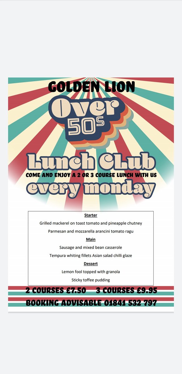 Our menu for over 50's lunch monday 9th march. Booking advisable, call 01841532797 to make a reservation