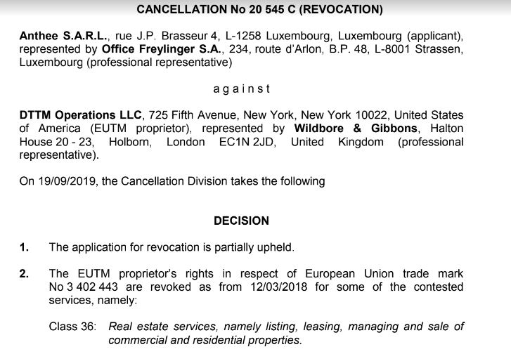 It’s unclear why Anthee SARL is challenging the multiple Trump™, but it’s working. So far,  @EU_IPO’s cancellation division has partially revoked three trademarks registered by the Trump Org subsidiary. Anthee is appealing other classes which haven’t been revoked.
